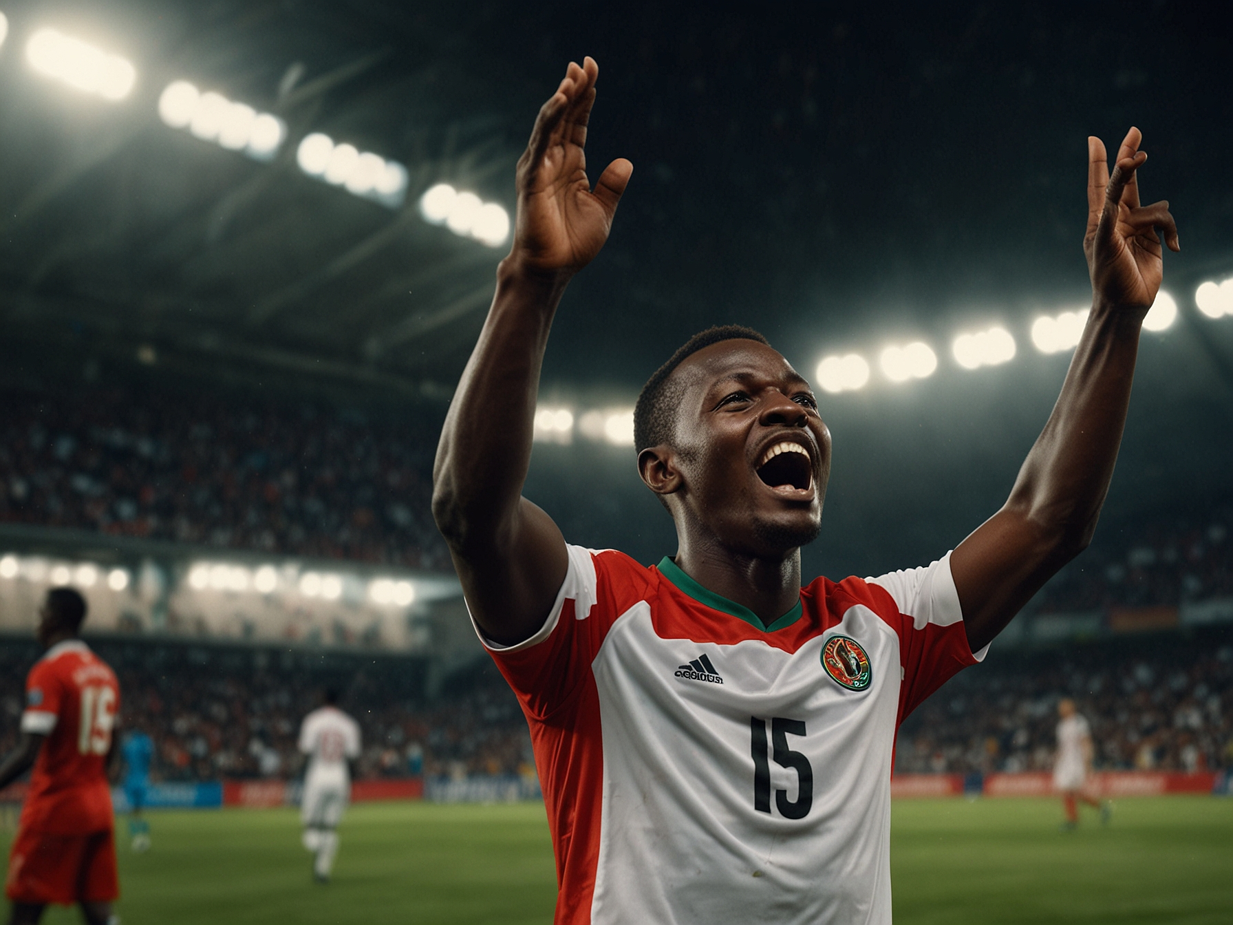 Kenyan football player celebrating a goal, Karibu Bonus